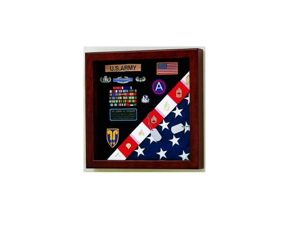 American Made Burial Flag Medals Display Case in Queen Anne Cherry finish, showcasing a memorial flag and medals.